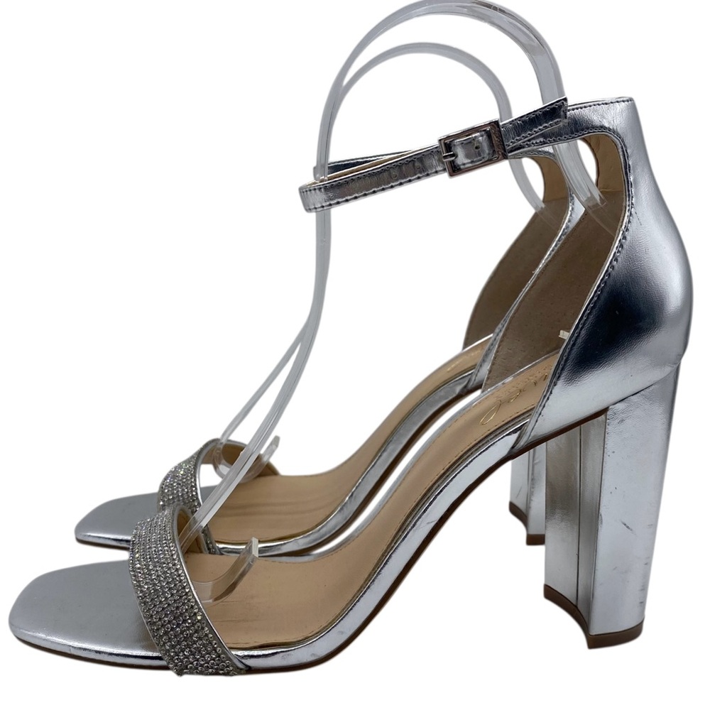 Badgley Mischka Heeled Sandals Sz 8.5 Silver Leather Strappy Rhinestone Wedding